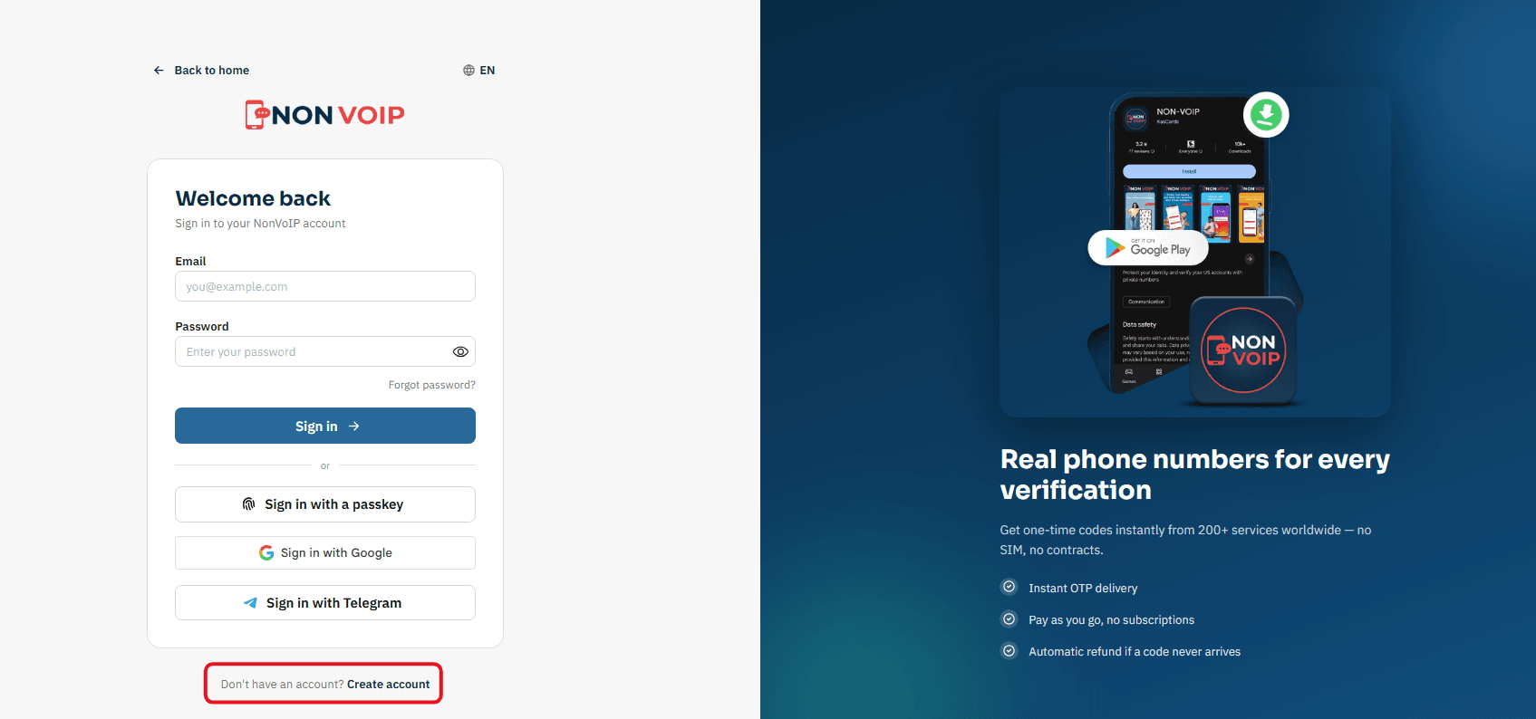 Click on "Create account".