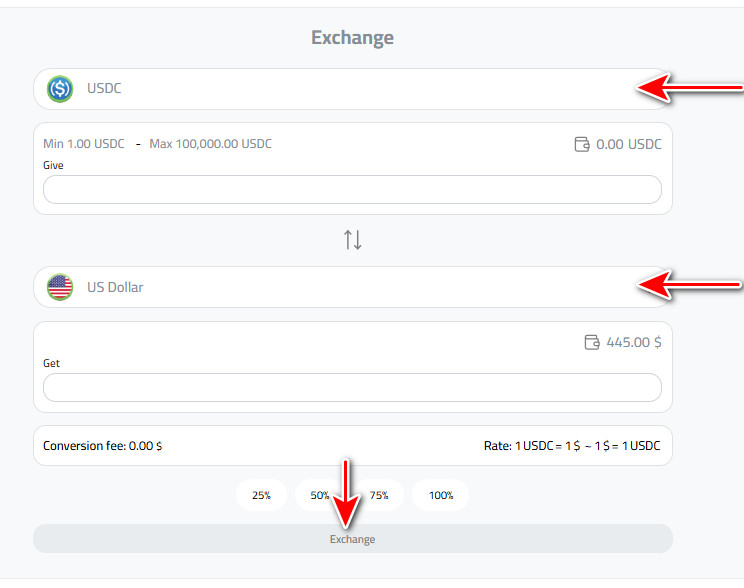 Exchange USDC to USD