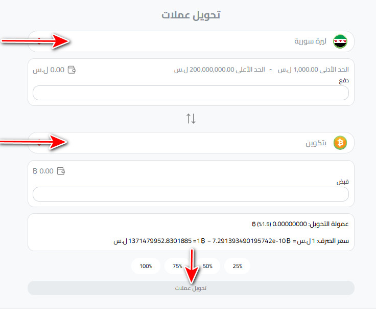 خطوات التحويل من شام كاش إلى بيتكوين