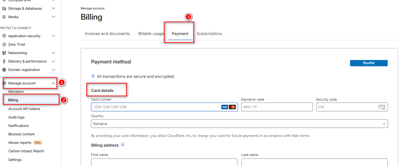 إضافة البطاقة كطريقة دفع على  Cloudflare