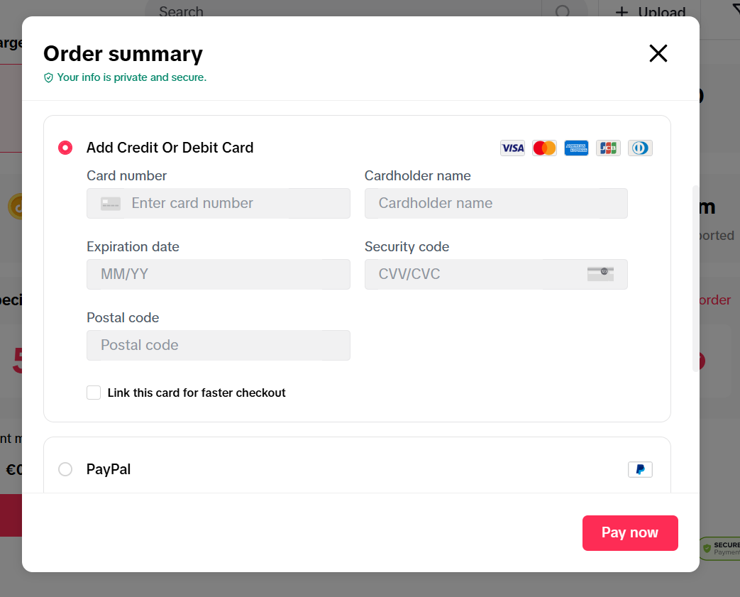 تعبئة المعلومات لشحن رصيد تيك توك بالعملات الرقمية
