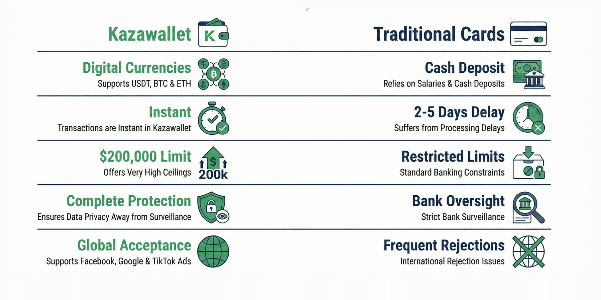 Comparison: Kazawallet (Crypto Visa) vs. Traditional Banking