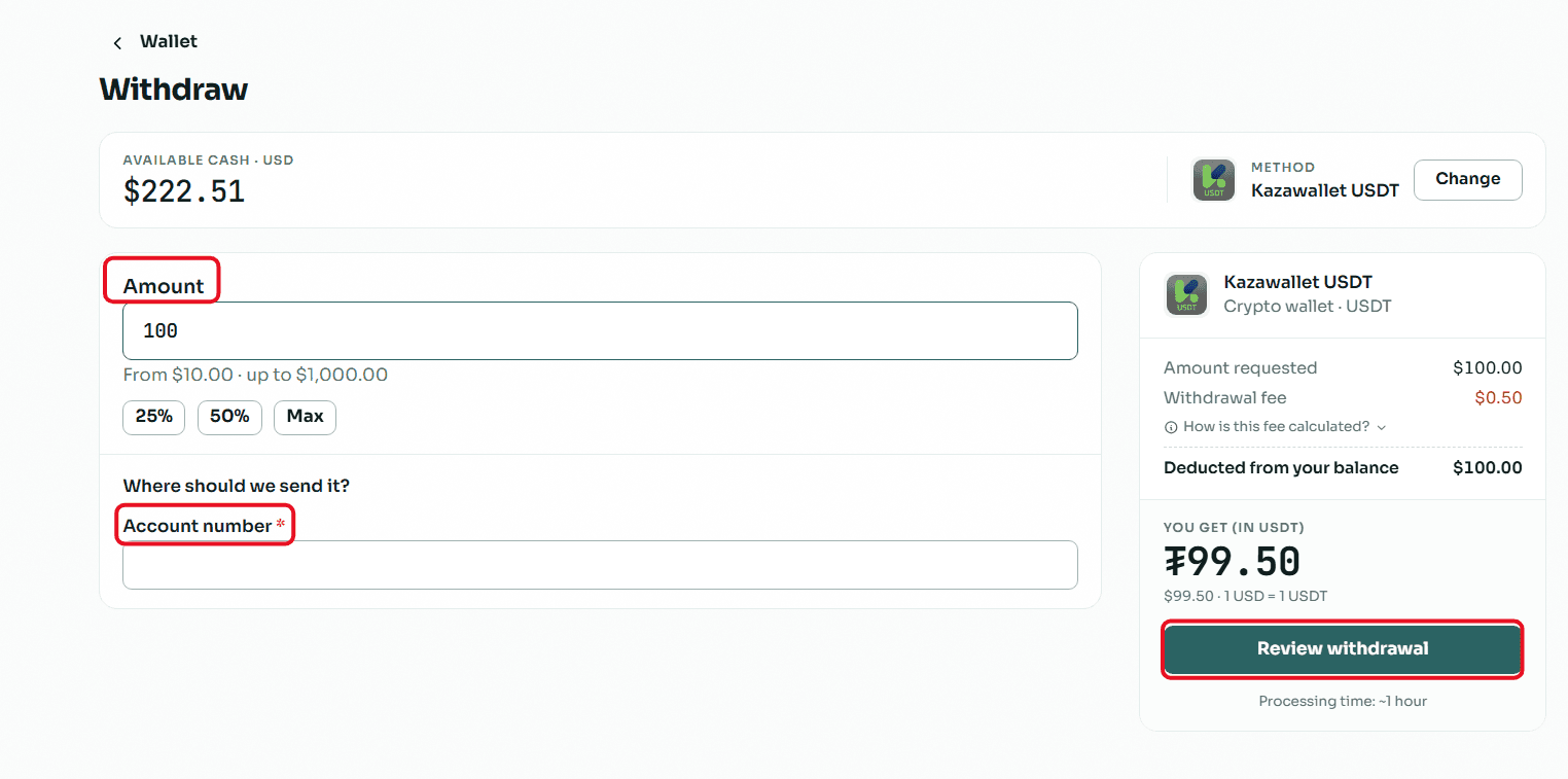 Steps to withdraw balance from Swapforless to Kazawallet in USDT