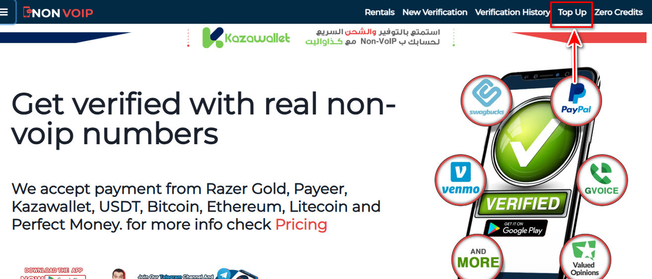 Steps to top up your Non-VoIP account using crypto