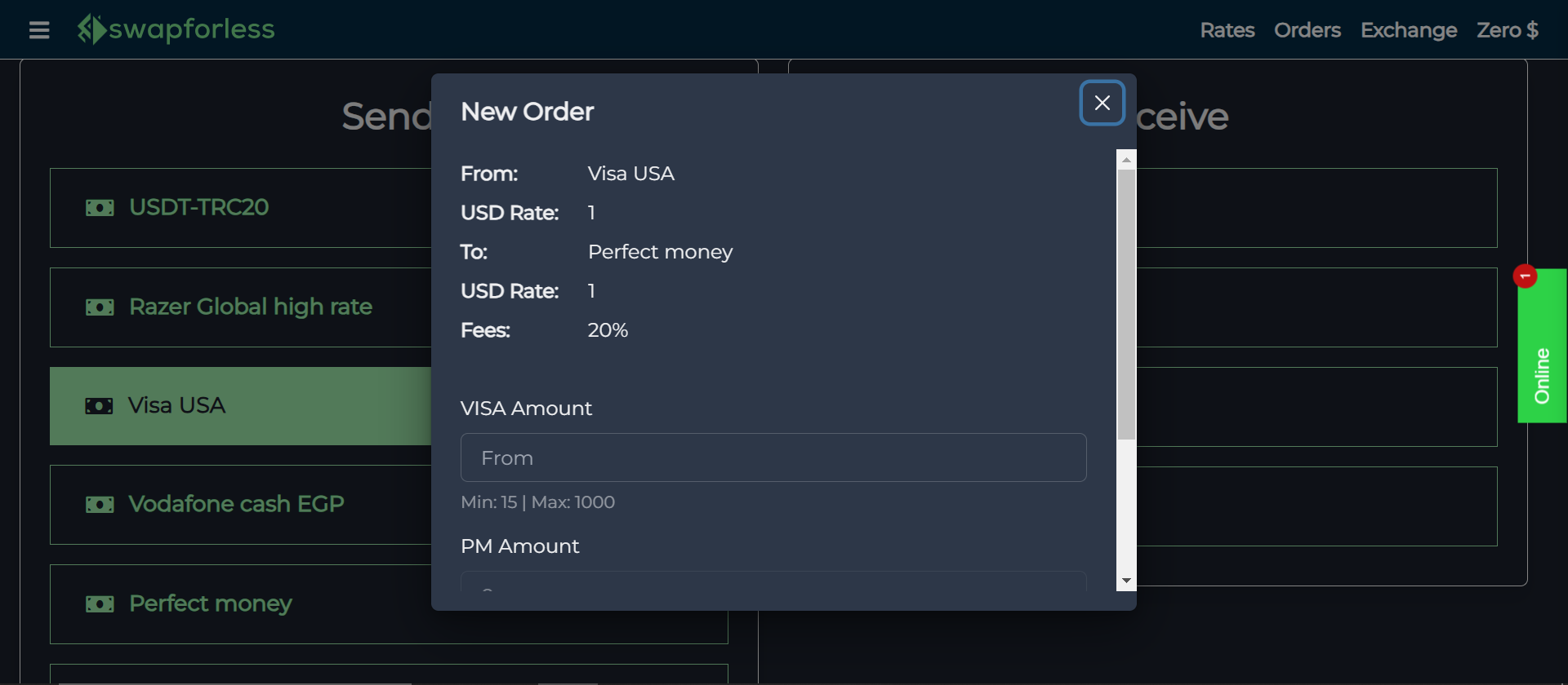 خطوات للتحويل من فيزا إلى بيرفكت موني عبر swapforless