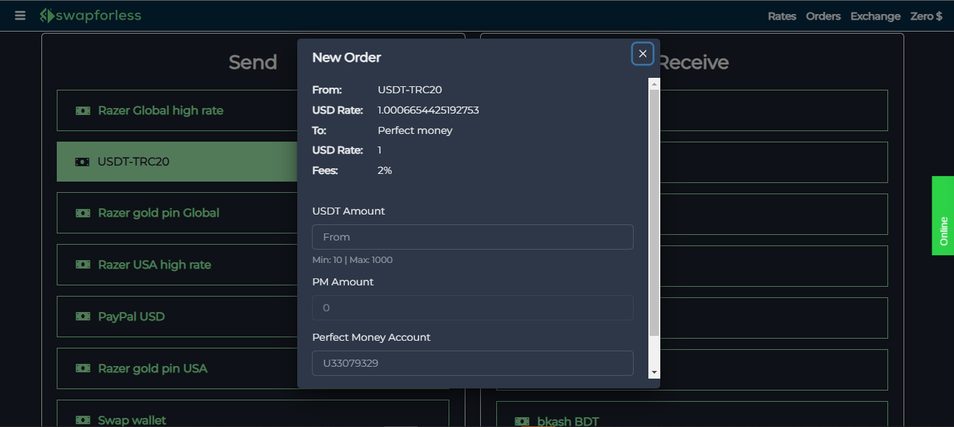 شرح كيفية الإيداع والتحويل من USDT إلى بيرفكت موني عن طريق موقع swapforless