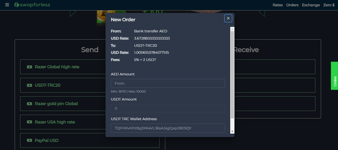 How to Transfer from Bank to USDT on swapforless:
