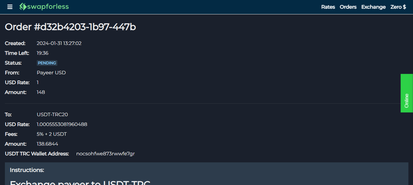 خطوات تنفيذ طلب تحويل بايير إلى USDT-TRC عبر swapforless