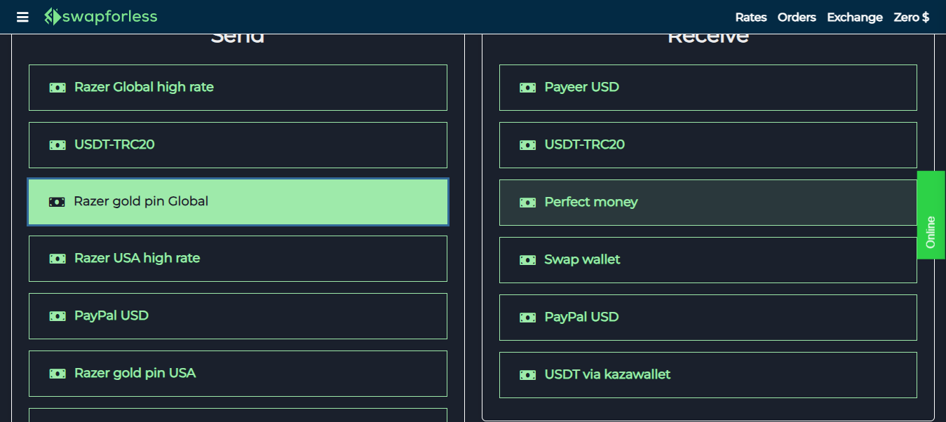 التحويل من ريزر غولد إلى بيرفيكت موني عبر موقع  swapforless
