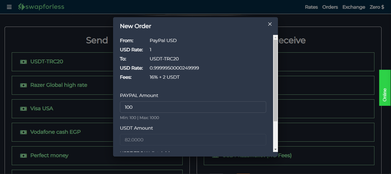 آلية التحويل من بيبال إلى USDT  باستخدام swapforless 