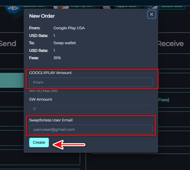 Steps to exchange balance from Google Play to Swap Wallet via Swapforless