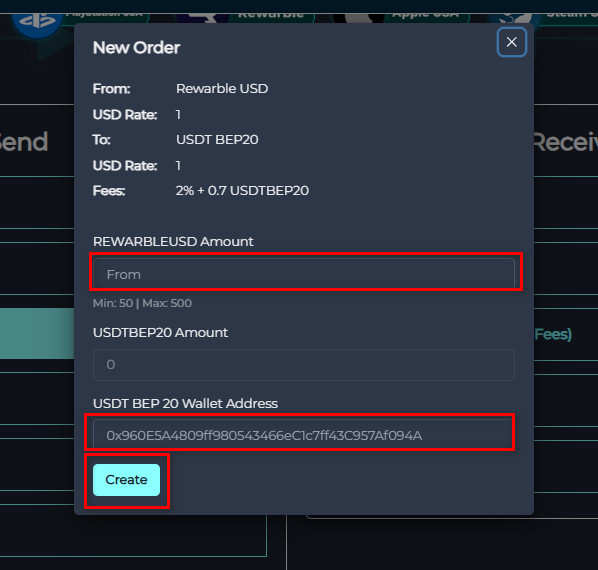 Steps to exchange Rewarble USD balance for USDT-BEP20