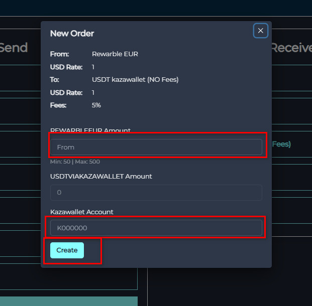 Steps to exchange Rewarble EUR balance to USDT in Kazawallet