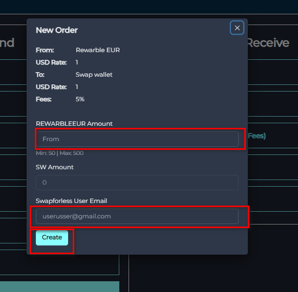 Steps to Exchange Rewarble EUR Balance to Swap Wallet via Swapforless