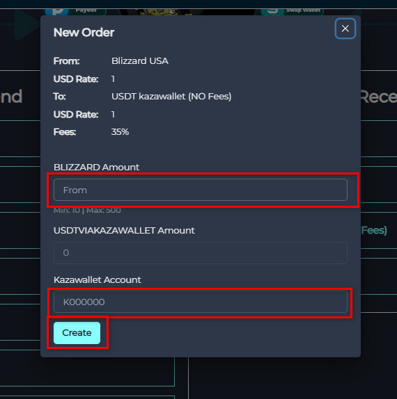 Exchange Blizzard USA Balance to USDT Kazawallet