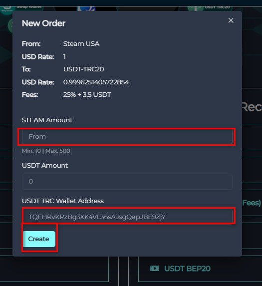 Steps to Exchange Steam USA balance to USDT-TRC20 via Swapforless