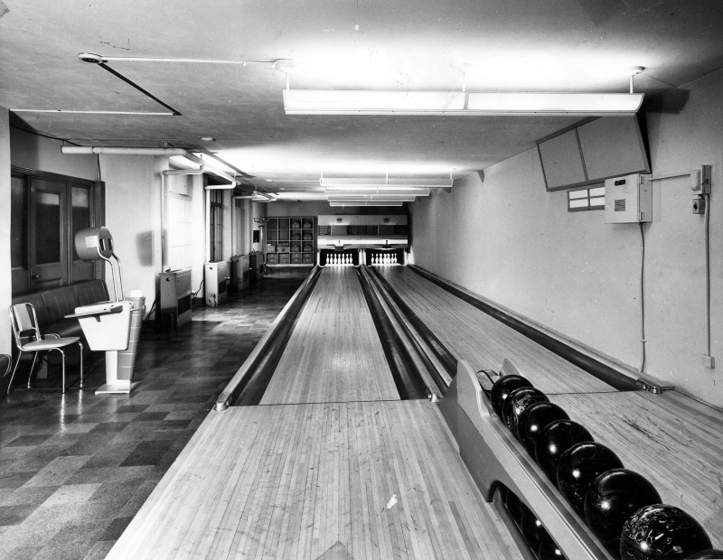 View down the White House bowling lanes towards the pins in 1948
