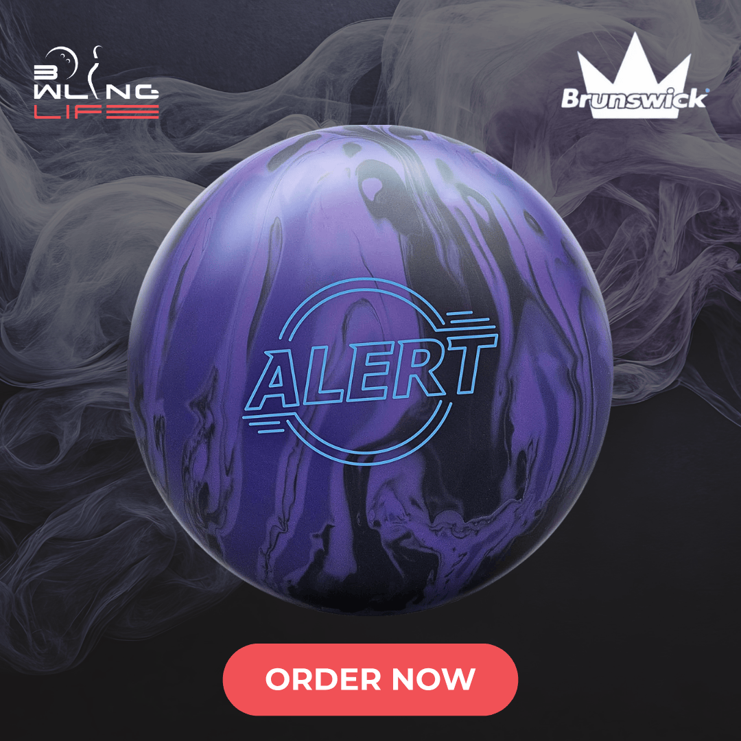 Brunswick Alert bowling ball with solid coverstock and smooth, controlled motion on medium oil lanes