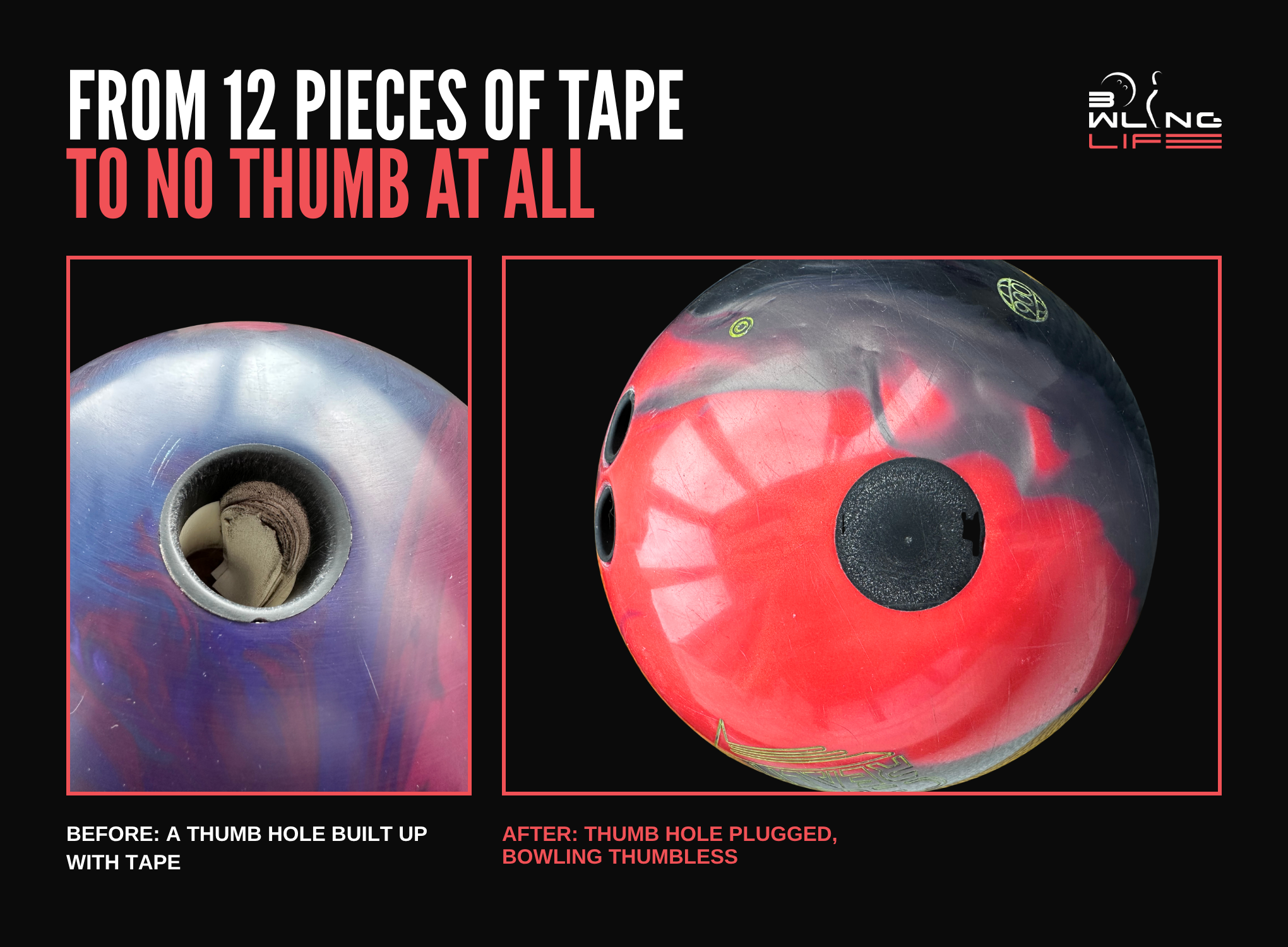 Bowling ball thumb hole filled with layers of tape next to a ball with a plugged thumb hole for thumbless bowling