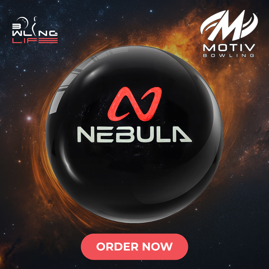 Motiv Nebula bowling ball with sleek black pearl design and explosive backend motion on medium oil lanes