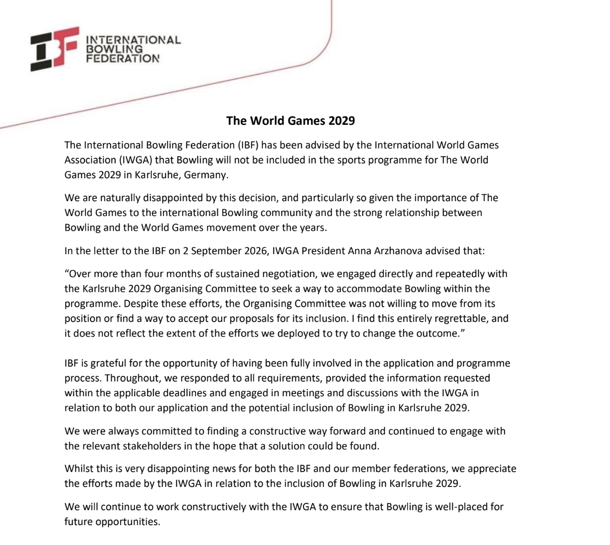 IBF statement on bowling’s exclusion from The World Games 2029