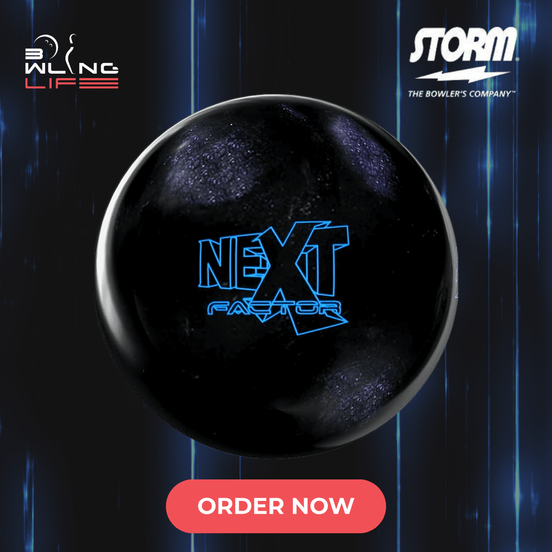 Storm Next Factor bowling ball with R3S Pearl cover and RAD-TQ core delivering angular backend motion on medium oil lanes