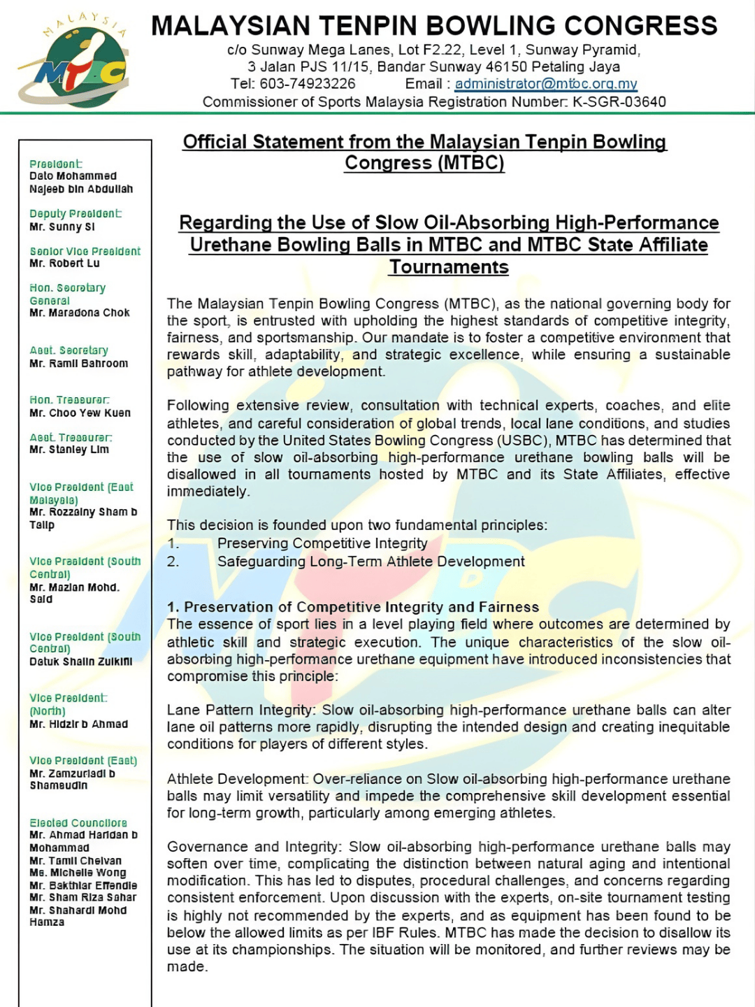 Official statement released by the MTBC