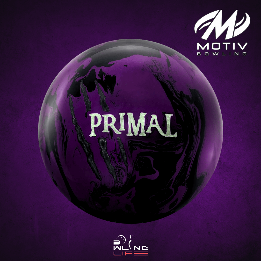 Motiv Primal Ghost bowling ball with bold colors and hybrid design for medium oil lane conditions
