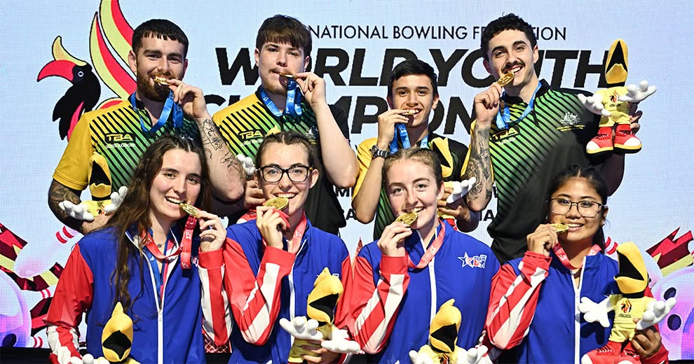 Australia's boys' team and Team USA's girls' team celebrating gold medals at the World Youth Bowling Championships