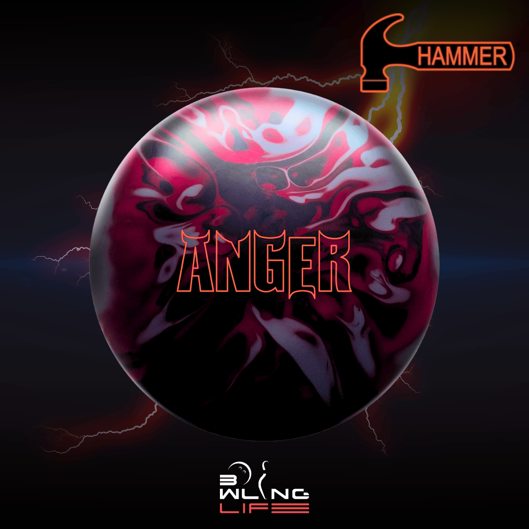 Hammer Anger Solid bowling ball with red and black swirl design for medium oil lane coditions