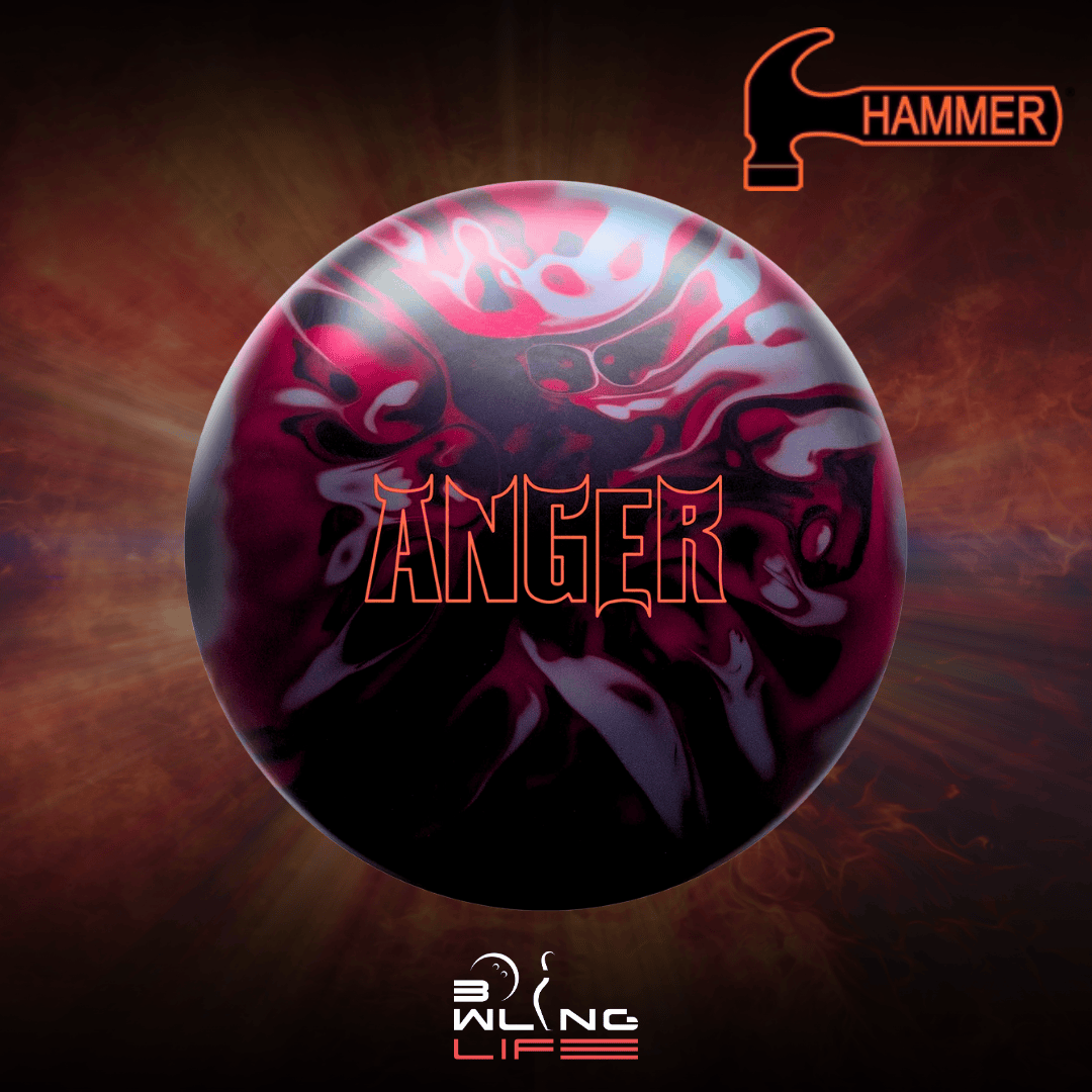 Hammer Anger Solid bowling ball with red and black swirl design for medium oil lane coditions