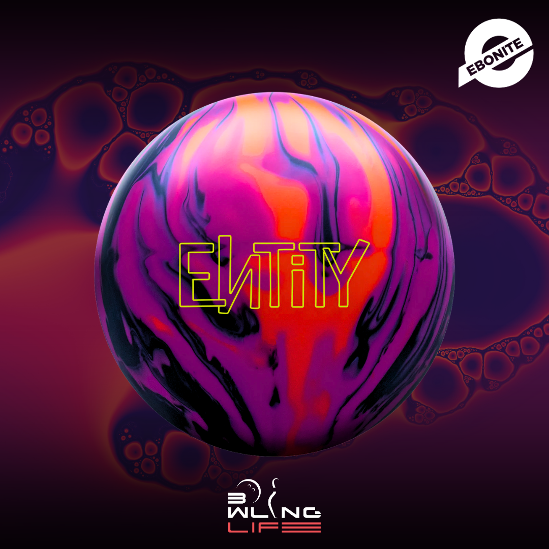 Ebonite Entity bowling ball with black, magenta, and orange colors in a background