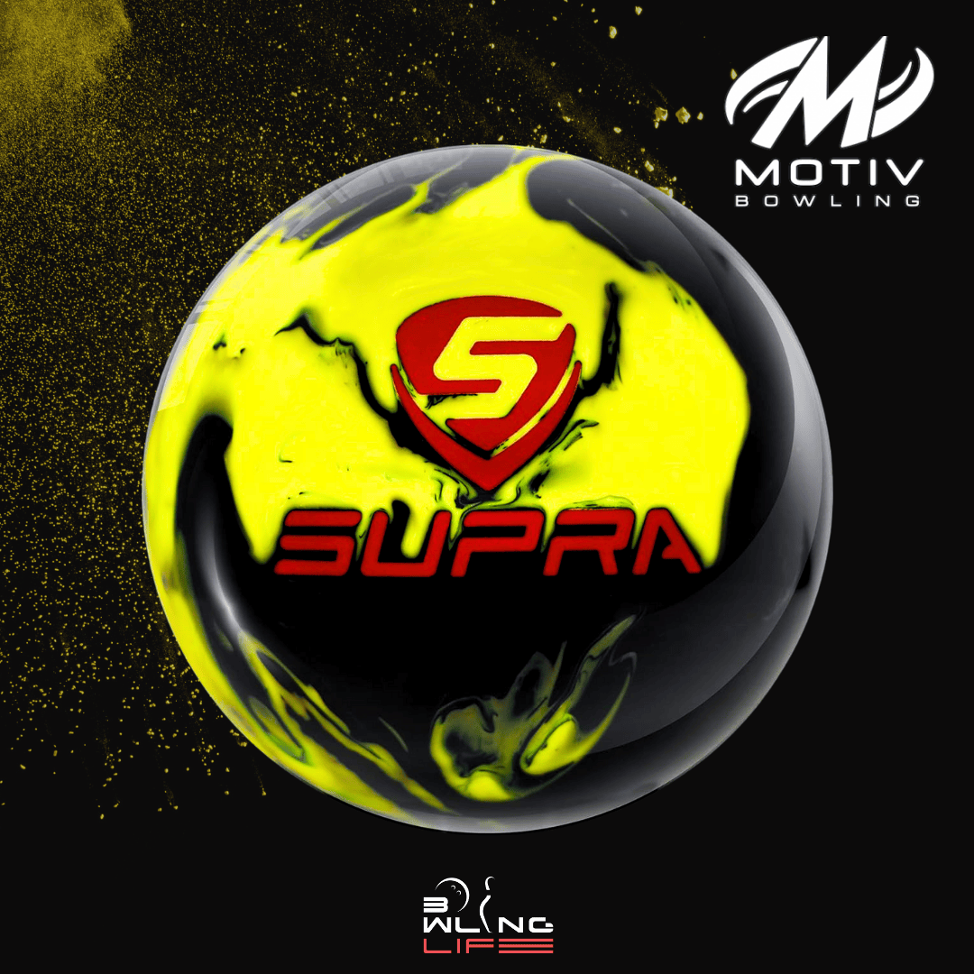 Motiv Supra Clutch bowling ball with hybrid coverstock and Quadfire core on medium-dry lanes