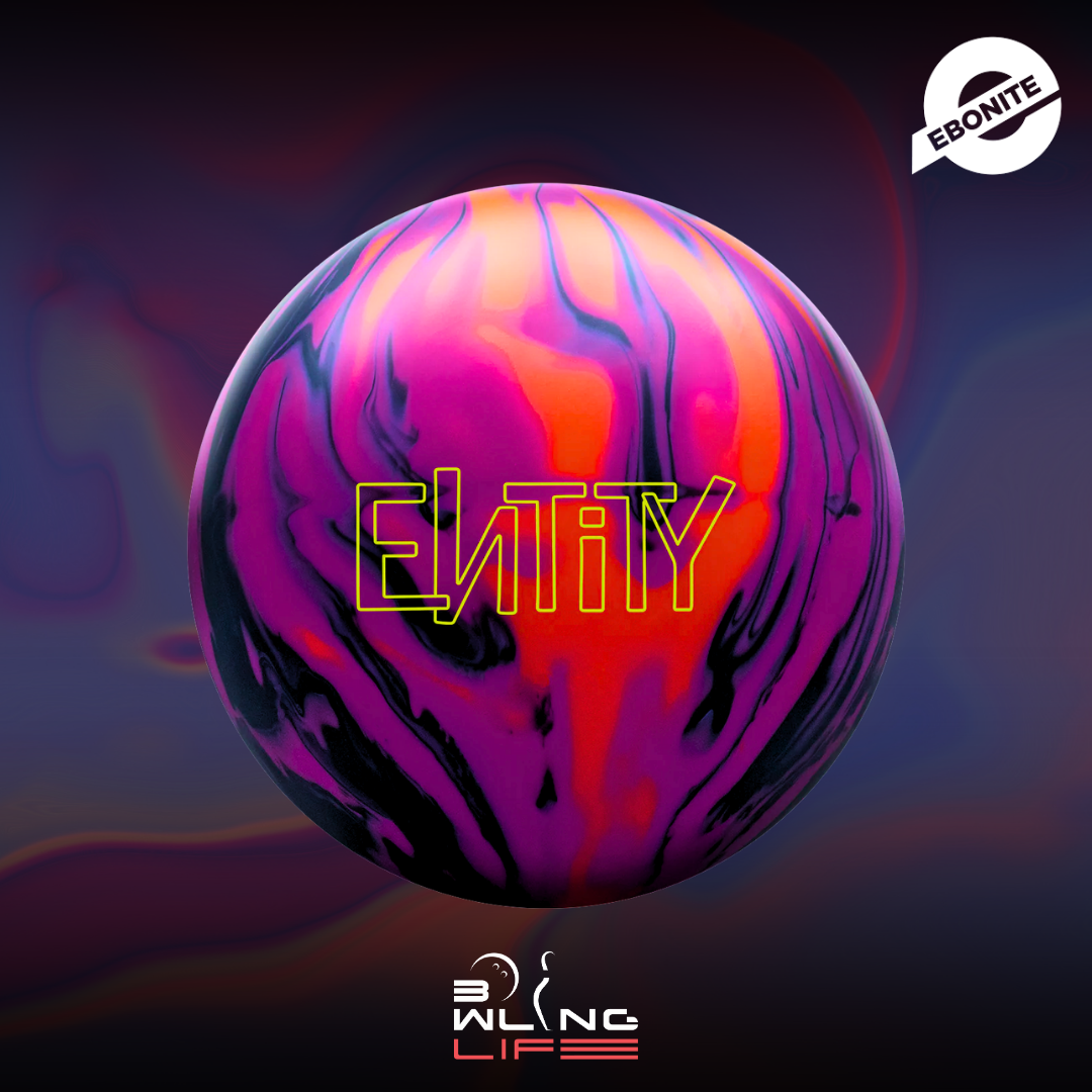 Ebonite Entity bowling ball with black, magenta, and orange colors in a background