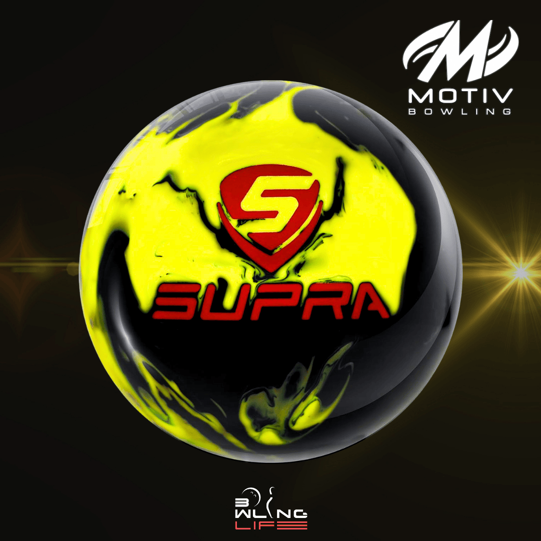 Motiv Supra Clutch bowling ball with hybrid coverstock and Quadfire core on medium-dry lanes