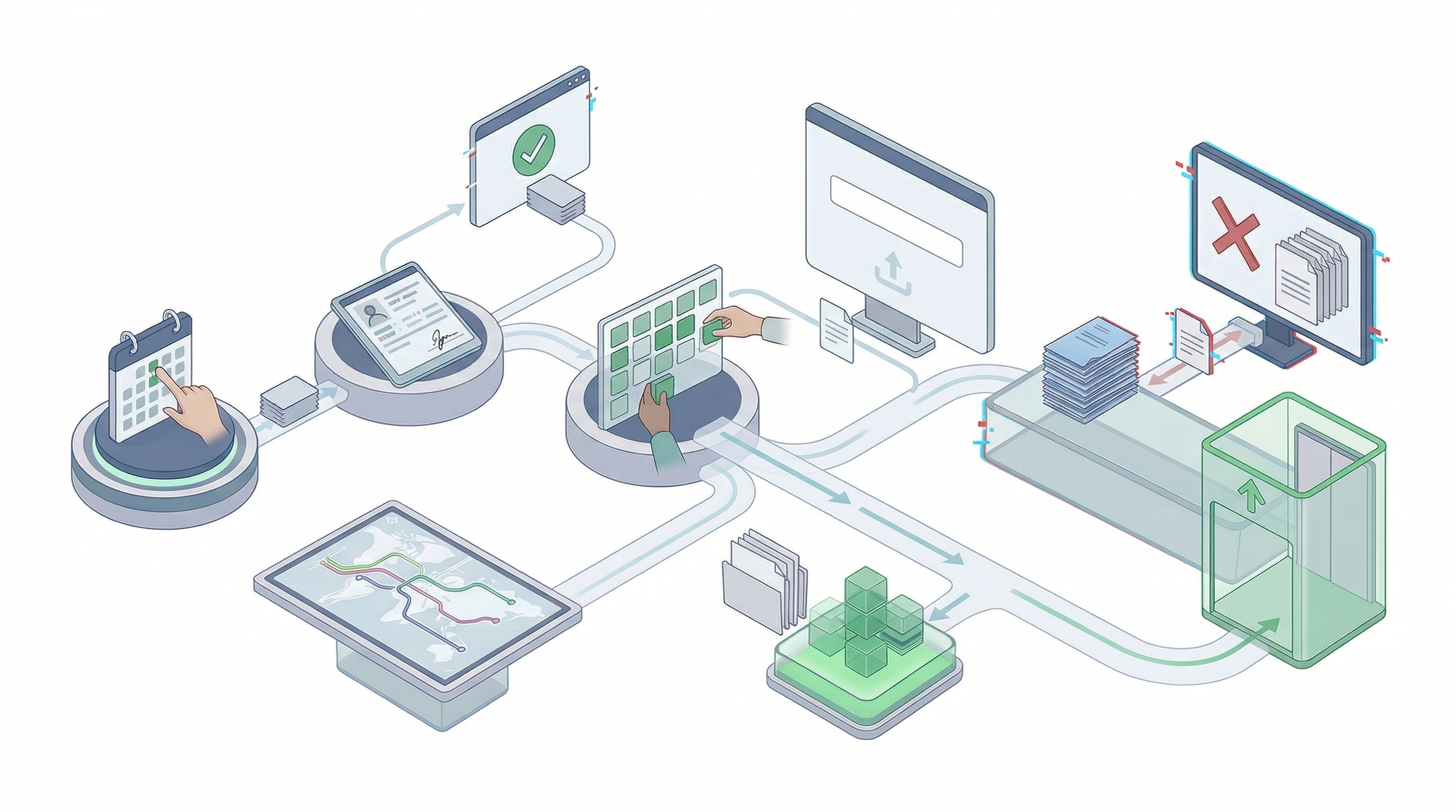 Editorial illustration showing revenue cycle workflow handoffs across intake, prior authorization, coding, claims, remittance, and appeals on a white background