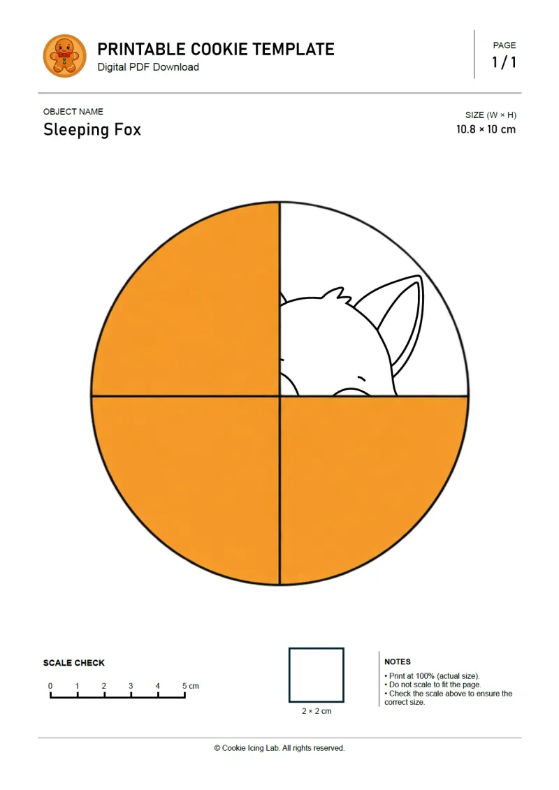 Sleeping fox printable PDF template preview
