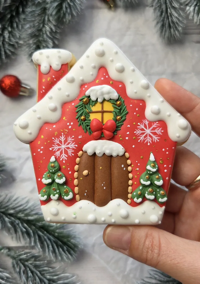 Christmas Cottage decorated cookie