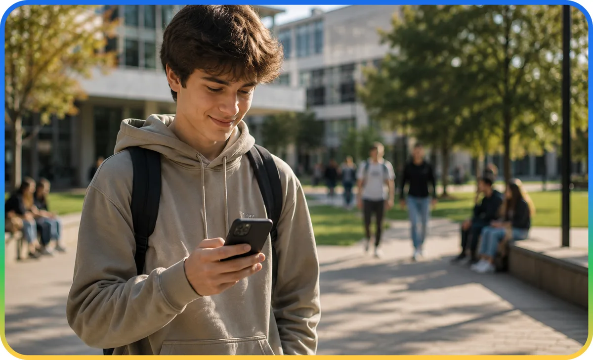 A participant checking Explorer on their phone on campus
