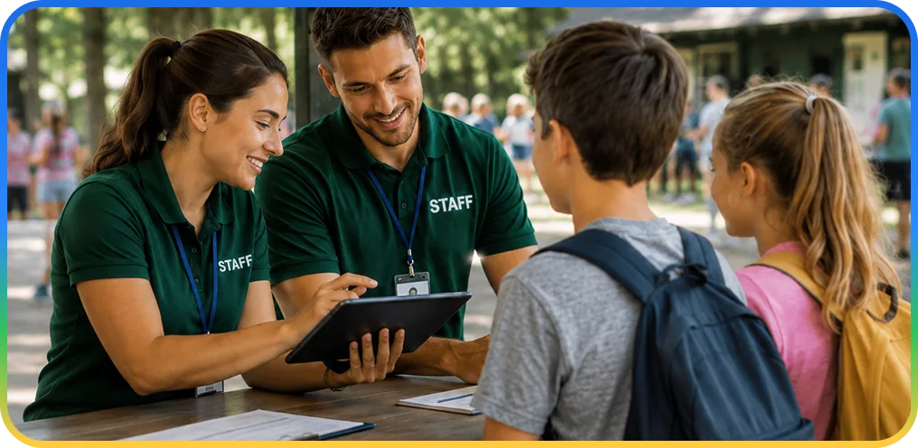 Camp staff helping a family register on a tablet