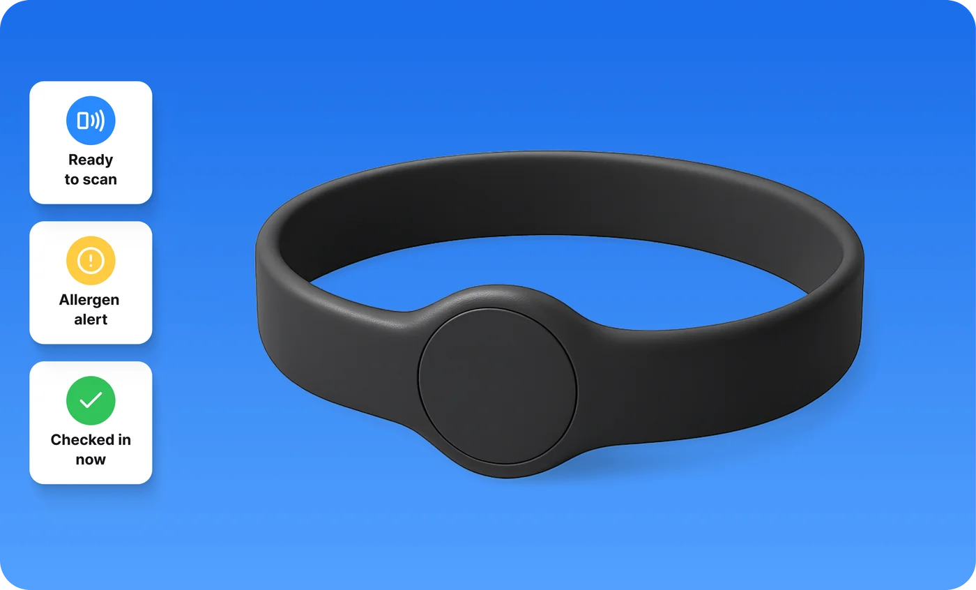 CampOrganizer Bracelet, NFC + QR wristband on a wooden table.