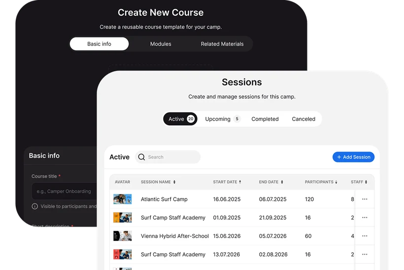 Camp Hub - create-course and live sessions views