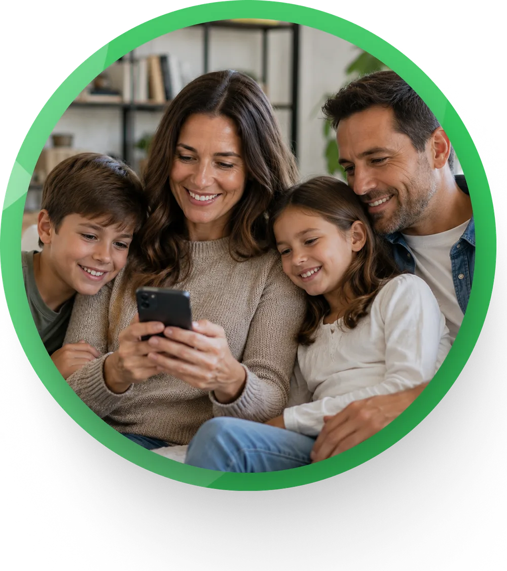 Family checking their child's day together on a phone