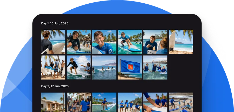 Camp session photo gallery on a tablet