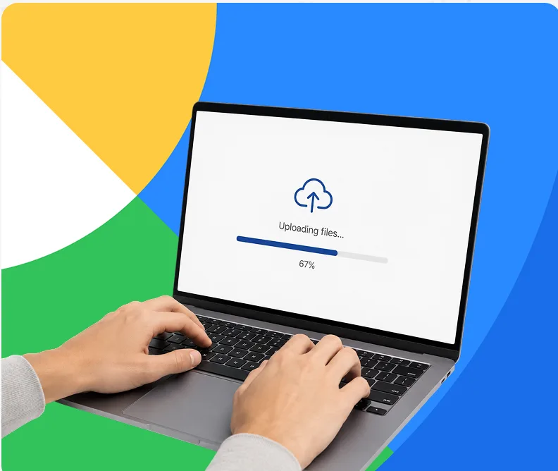 Laptop uploading files with a progress bar, on blue-green-yellow shapes