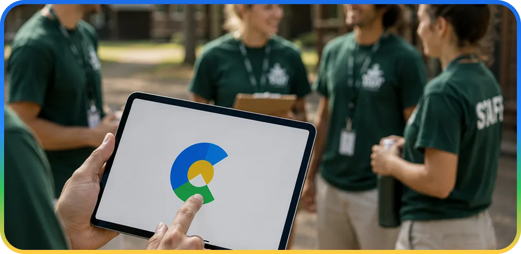 Camp staff in green shirts talking, one holding a tablet showing the CampOrganizer logo