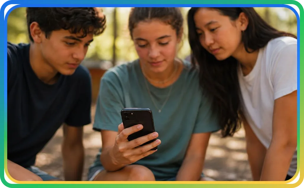 Three participants looking at the Explorer app on a phone