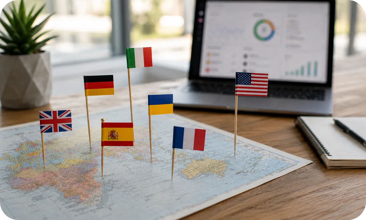 World map with country flag pins next to a laptop dashboard