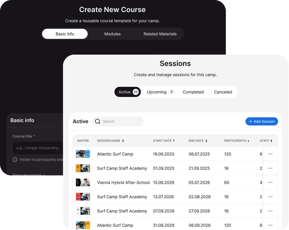 Camp Hub web control center - course and session management screens