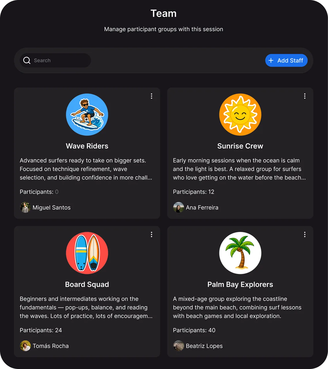 Session Console and Counselor Mobile - team and groups management